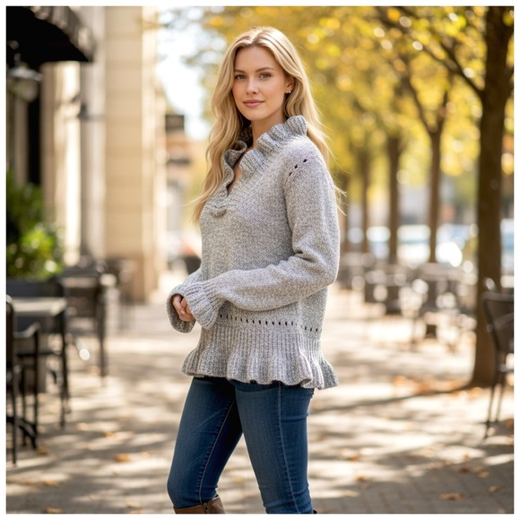 Chicwish Women's V-Neck Sweater with Ruffle Trim. Gray. Small - Picture 13 of 15